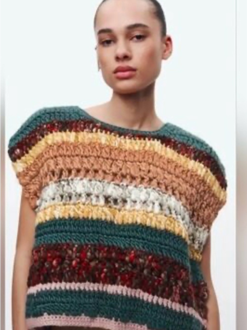 Zara Multistripe Crochet Knit Sweater Vest - Teal, Mustard, Brown, Pink